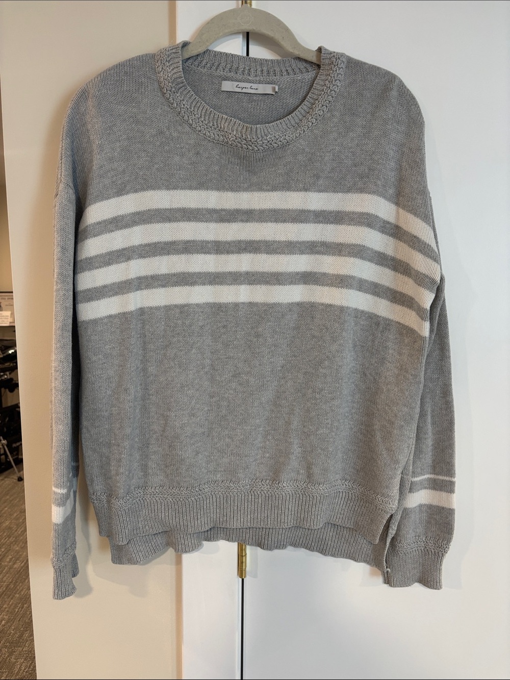 Harper Lane Light Grey and White Striped Crew Neck Sweater